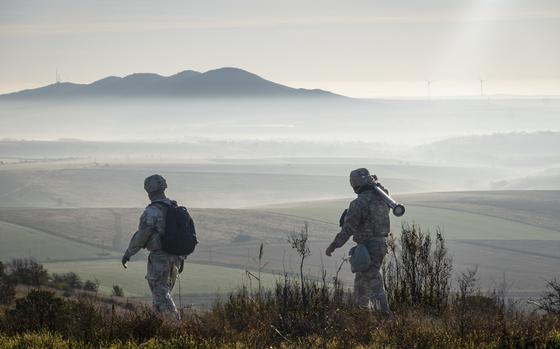 U.S. soldiers from 1st Platoon, Alpha Battery, 1-57 Air Defense Artillery Regiment train with a Man-portable Air Defense System during exercise Southern Shield in Romania on Nov. 19, 2024. 