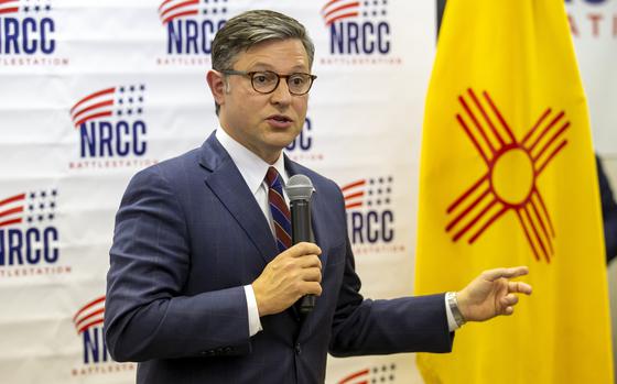 House Speaker Mike Johnson talks to attendees of a campaign event for Republican U.S. House candidate Yvette Herrell of New Mexico in Las Cruces, N.M., Wednesday, Aug. 21, 2024. (AP Photo/Andres Leighton)