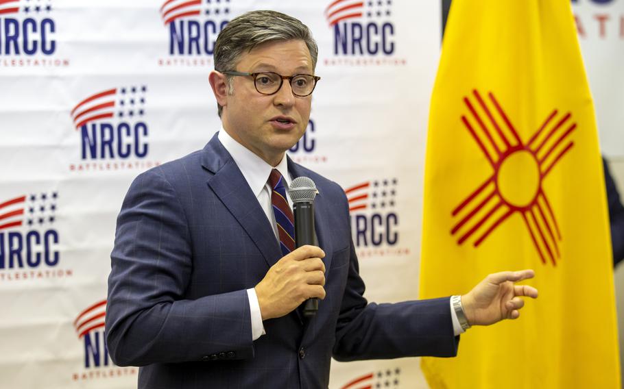 House Speaker Mike Johnson talks to attendees of a campaign event for Republican U.S. House candidate Yvette Herrell of New Mexico in Las Cruces, N.M