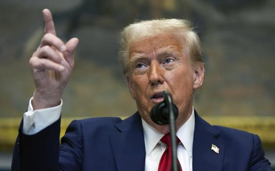 President Donald Trump speaks in the Roosevelt Room of the White House, Tuesday, Jan. 21, 2025, in Washington. (AP Photo/Julia Demaree Nikhinson)