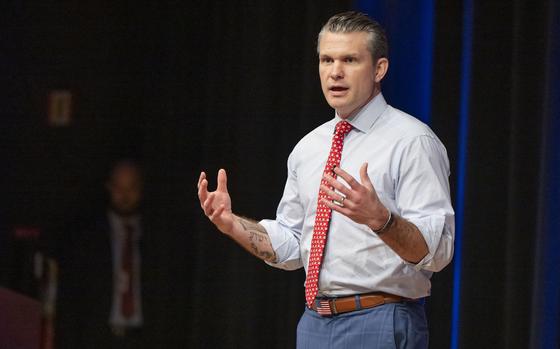 Defense Secretary Pete Hegseth speaks at a Pentagon town hall Feb. 7, 2025. Hegseth will travel to Europe to attend the NATO defense ministers meeting Thursday in Brussels.