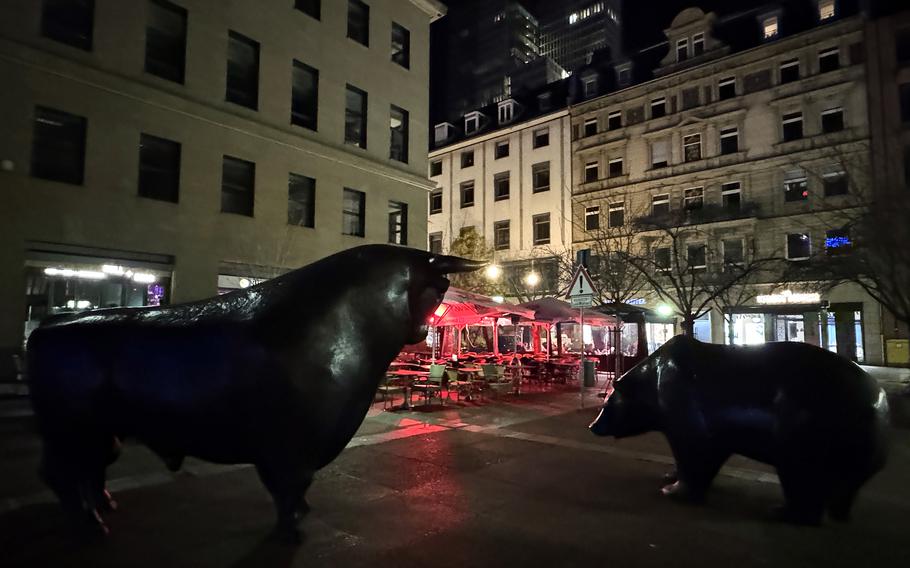 A restaurant in downtown Frankfurt, Germany at night.