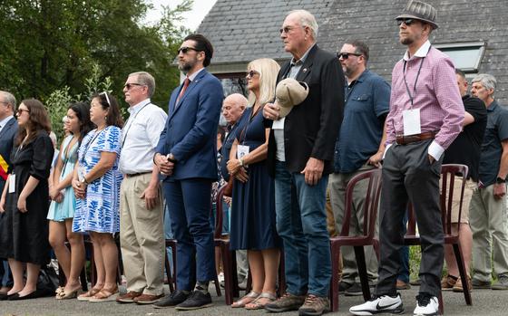 Family members of U.S. soldiers who fought in Belgium attend a memorial in Cendron on Sept. 2, 2024, for the first American troops who entered Belgium to liberate it from Nazi occupation 80 years before. 