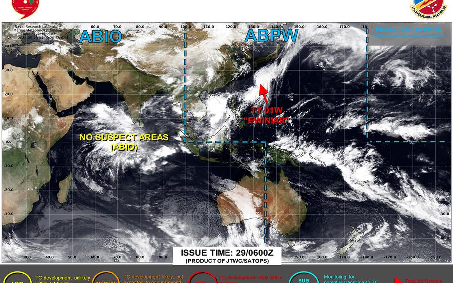 Ewiniar has made closest point of approach to Okinawa, continues heading rapidly northeast and losing its punch along the way.