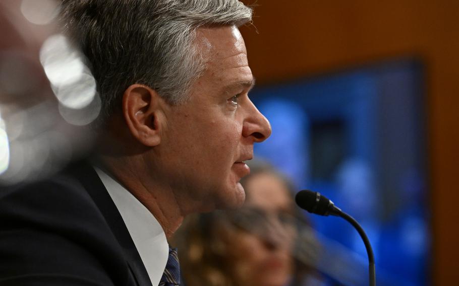 FBI Director Christopher A. Wray speaks at a Senate Homeland Security and Governmental Affairs Committee hearing on threats to the homeland at the Dirksen Senate Office Building in Washington on Oct. 31, 2023.