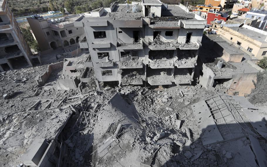 Destroyed buildings that were hit by Israeli airstrikes in Qana village, south Lebanon. 