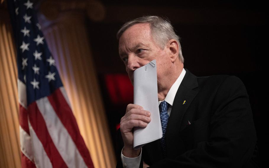 Senator Richard J. Durbin, D-Ill., during a press conference on Capitol Hill on Jan. 26, 2023, in Washington, D.C. 