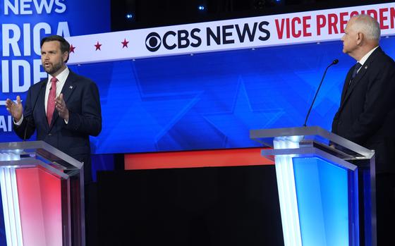 Republican vice presidential nominee Sen. JD Vance, R-Ohio, speaks during a vice presidential debate hosted by CBS News, with Democratic vice presidential candidate Minnesota Gov. Tim Walz, Tuesday, Oct. 1, 2024, in New York.