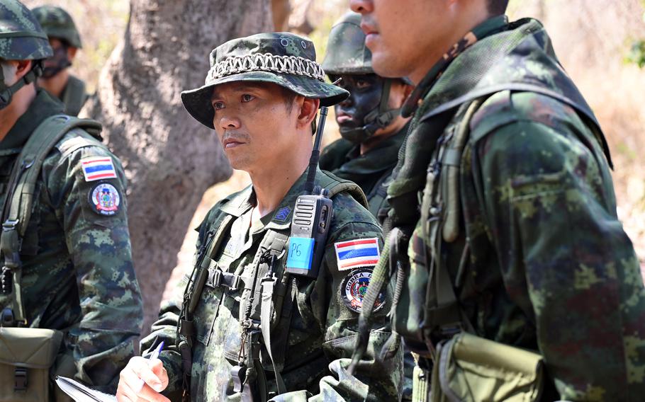 Thai soldiers listen to a briefing ahead of a mock Cobra Gold battle.