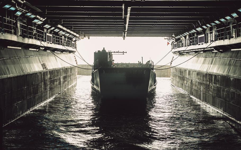 A U.S. Navy landing craft prepares to offload Marines