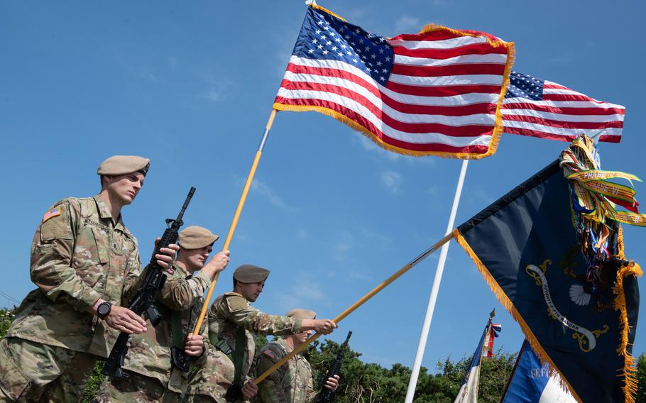 American soldiers with the 75th Ranger Regiment participate in a ceremony at Pointe du Hoc on the Norman coast, June 5, 2024.