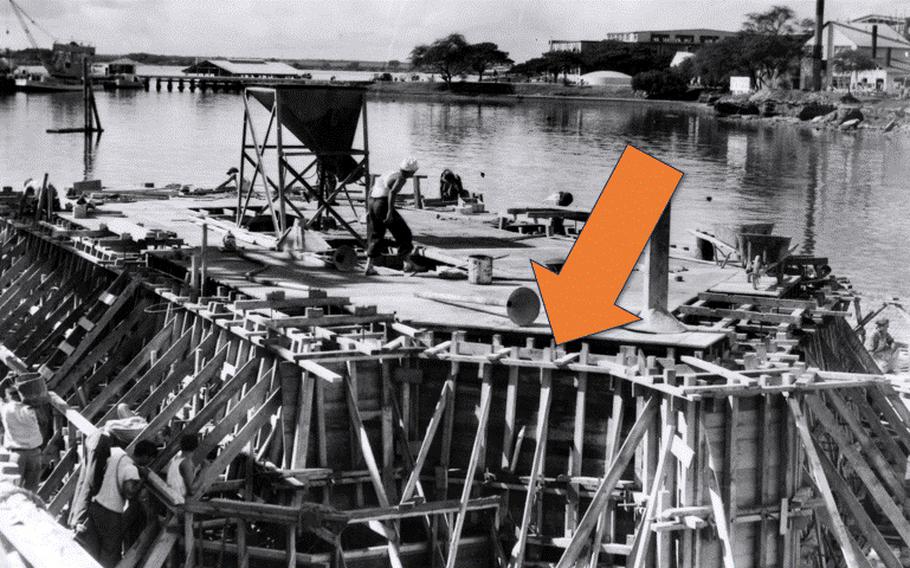 Wooden forms were used to lay the concrete for mooring quays in Pearl Harbor, Hawaii, as shown in this undated photo taken in the 1930s.