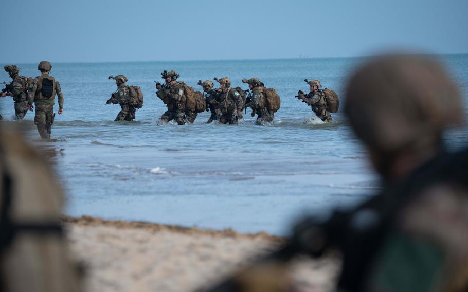 French troops practice on Omaha Beach June 4, 2024.