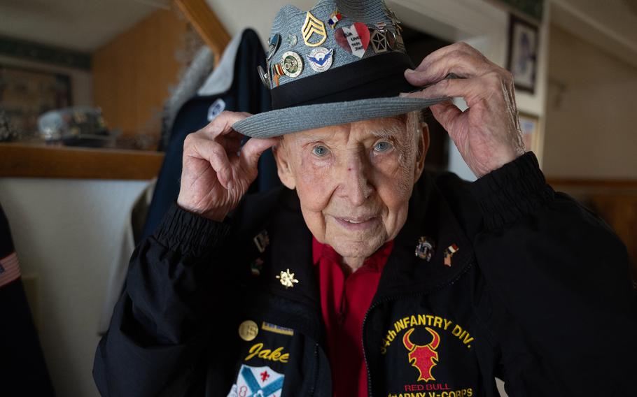 Jake Larson, a 101-year-old World War II veteran known as Papa Jake on TikTok, shares stories of his life, Thursday, July 25, 2024, at his home in Martinez, Calif. 