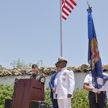 Sgt. 1st Class Jason Longoria recites final roll call of all 82nd Airborne Division service members who were killed in action at an Operation Husky 80th anniversary ceremony, at the 82nd Airborne Division Monument at Ponte Dirillo in Gela, Italy, July 10, 2023. 