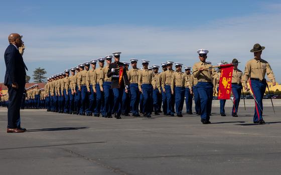 U.S. Marines with India Company, 3rd Recruit Training Battalion, march in formation during a graduation ceremony at Marine Corps Recruit Depot San Diego, California, Feb. 28, 2025. Graduation took place at the completion of the 13-week transformation, which included training for drill, marksmanship, basic combat skills, and Marine Corps customs and traditions. The Marine Corps has served the Nation honorably for 250 years. Marines embody the uncompromising standards and characteristics of honor, courage and commitment. (U.S. Marine Corps photo by Lance Cpl. Jacob B. Hutchinson)