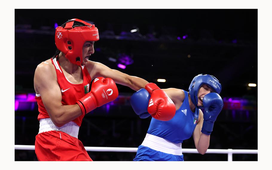 Team Algeria’s Imane Khelif, left, and Team Italy’s Angela Carini exchange punches during the Women’s 66kg preliminary round match at the Paris 2024 Olympic Games at North Paris Arena on Thursday, Aug. 1, 2024, in Paris. 