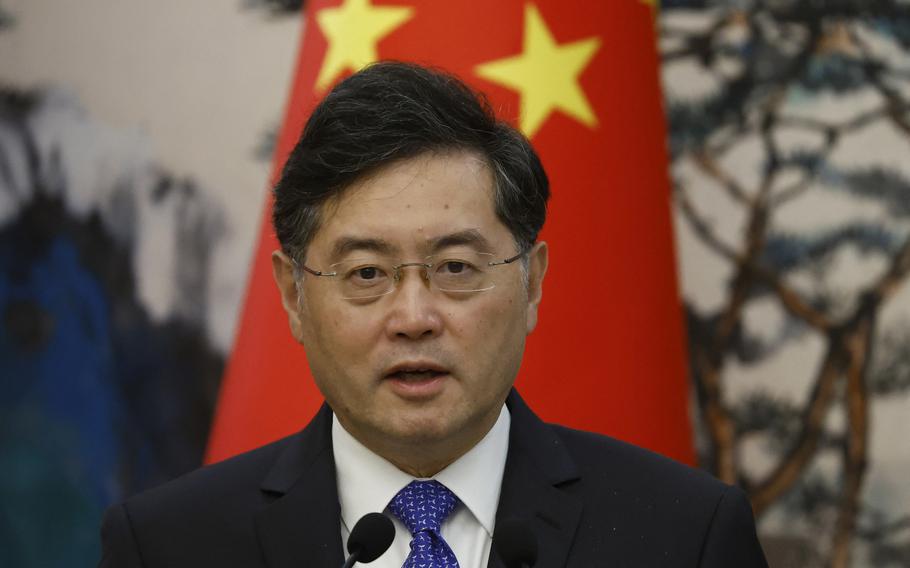China's Foreign Minister Qin Gang attends a news conference after talks with his Dutch counterpart Wopke Hoekstra in Beijing on May 23, 2023.