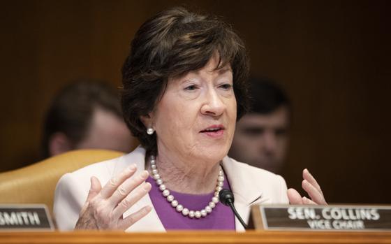 FILE - Sen. Susan Collins, R-Maine, speaks Thursday, May 2, 2024, on Capitol Hill in Washington. (AP Photo/Jacquelyn Martin, File)