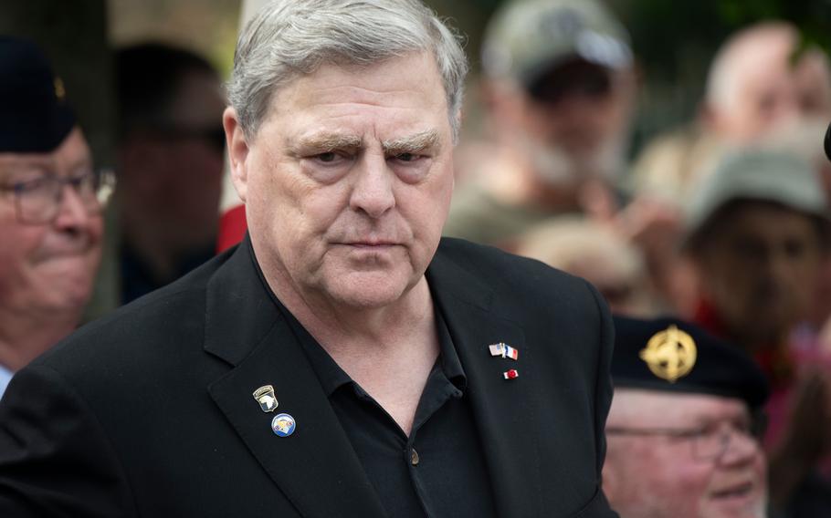 Mark Milley, retired general and former chairman of the Joint Chiefs of Staff, attends a ceremony in Sainte-Mère-Église, France, to honor Dwight D. Eisenhower on Monday, June 3, 2024. 