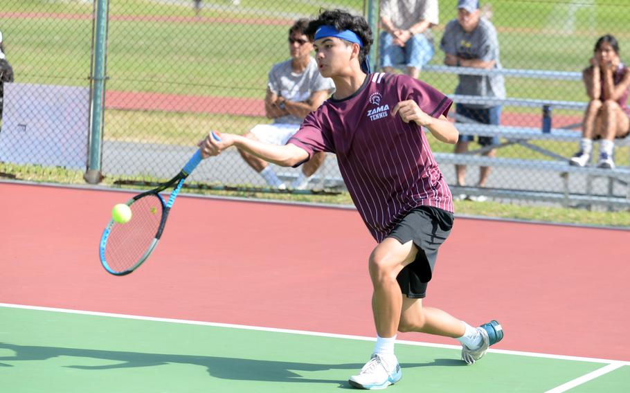 Zama's Gabe Rayos lost 6-4, 6-3 to Humphreys' Elliot Lee during Wednesday's Far East tennis tournament boys singles semifinals.