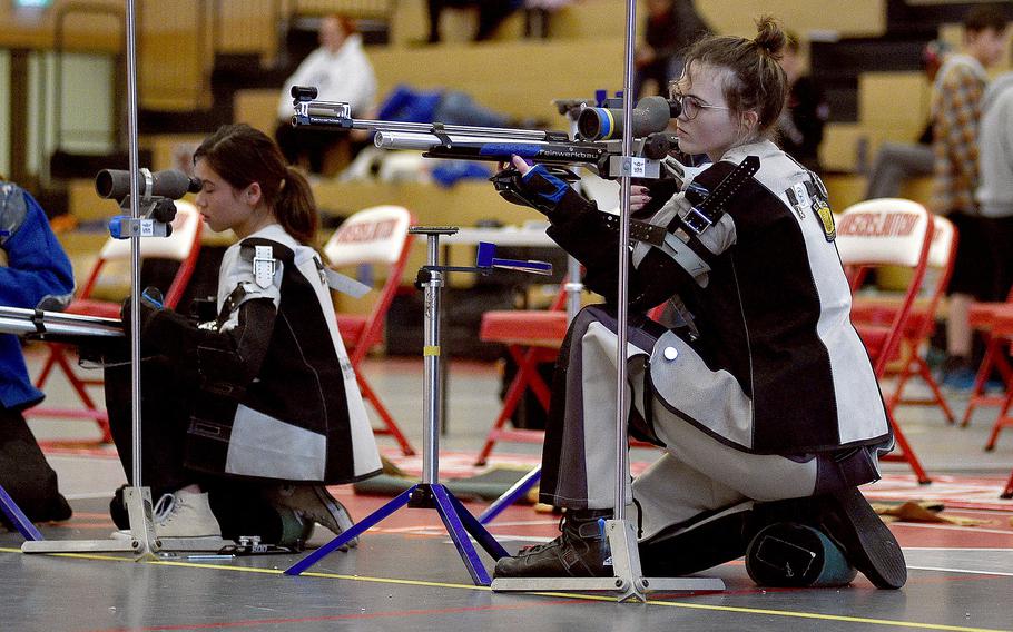 Wiesbaden's Cydnee Lassiter checks out the target through her scope during a marksmanship competition on Jan. 6, 2024, at Kaiserslautern High School in Kaiserslautern, Germany.