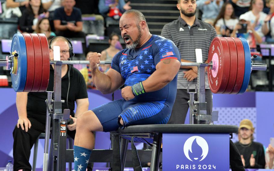 Bobby Body reacts after lifting 218 kilograms, or 480.60 pounds, at the para powerlifting competition at the 2024 Paris Paralympics., Sept. 8, 2024. The Army veteran finished fourth in the up tp 107-kilogram class.