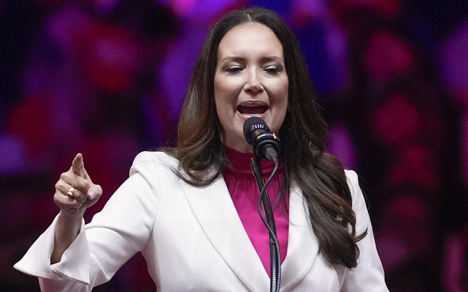 Brooke Rollins speaks at a campaign rally at Madison Square Garden, Oct. 27, 2024, in New York.