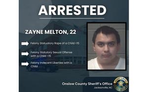 Lance Cpl. Zayne Melton, 22, was charged by the Onslow County Sheriff’s Office with statutory rape, another statutory sex offense and taking indecent liberties with a child under the age of 15. Melton was arrested Feb. 13 by the local authorities in coordination with Camp Lejeune’s Provost Marshal’s Office. 