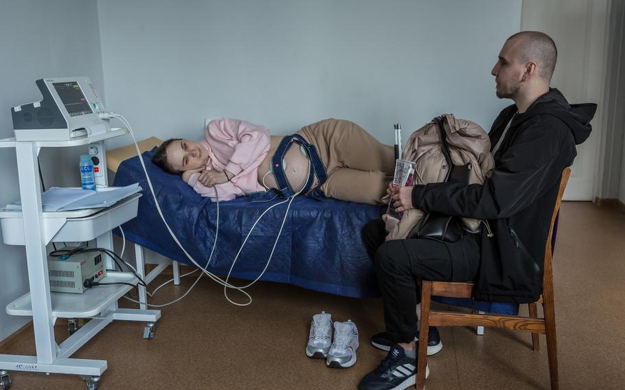 Vladyslava and Ivan at the hospital on April 19, 2024, for a checkup at Kyiv maternity hospital during Vladyslava’s ninth month of pregnancy.