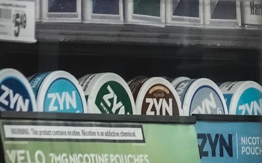 Containers of Zyn, a smokeless nicotine pouch, are displayed for sale among other nicotine and tobacco products at a newsstand on Feb. 23, 2024, in New York. 