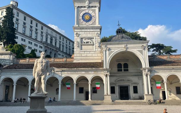 Piazza della Liberta, the main square of Udine, Italy, as seen June 6, 2024. The square features a Venetian-style Torre dell’Orologio, or clock tower. 