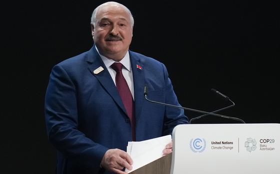 Belarus President Alexander Lukashenko speaks during a plenary session at the COP29 U.N. Climate Summit, Tuesday, Nov. 12, 2024, in Baku, Azerbaijan. (AP Photo/Rafiq Maqbool)