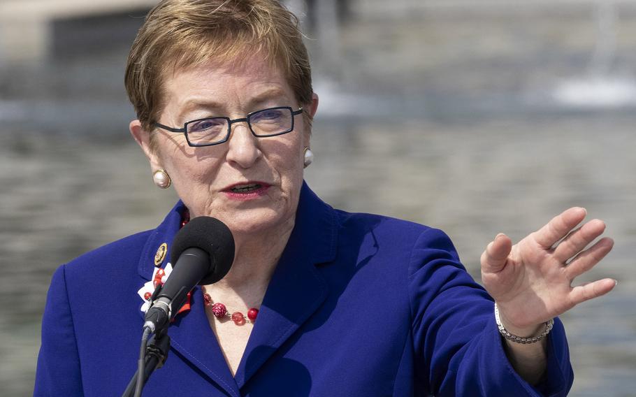 Rep. Marcy Kaptur, D-Ohio, who in 1987 introduced the legislation that started the ball rolling for the National World War II Memorial, speaks at the 20th anniversary celebration of the memorial in Washington, May 25, 2024.