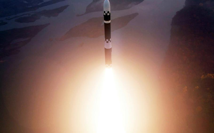 A Hwasongpho-19 intercontinental ballistic missile is launched.