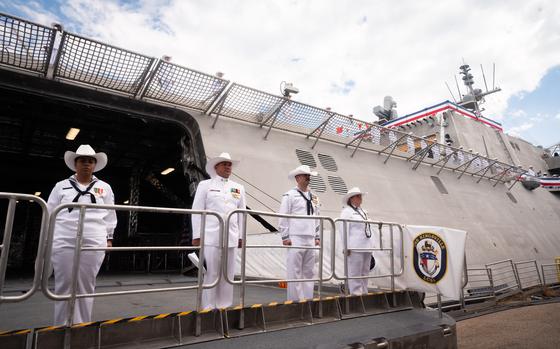 20240824-N-IW125-1170 Corpus Christi, Texas (August 24, 2024) The crew of the Navy’s newest littoral combat ship USS Kingsville (LCS 25) brings the ship to life during its commissioning ceremony in Corpus Christi, Texas. LCS 36 is the first U.S. Navy warship to honor the city of Kingsville, Texas (U.S. Navy photo by Mass Communication Specialist 2nd Class Nicholas V. Huynh/released)