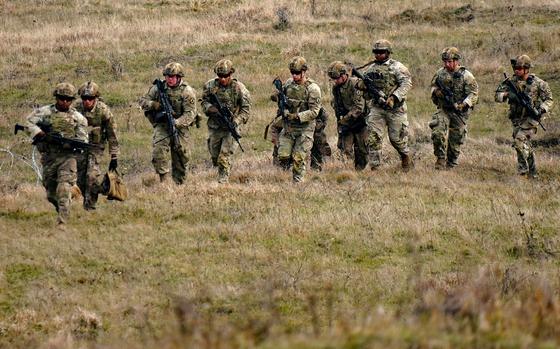 Soldiers assigned to 10th Mountain Division train Oct. 30, 2024, in Getica National Joint Training Center, Romania. The Army will continue to offer service members rotational deployment extension-assignment incentive pay.