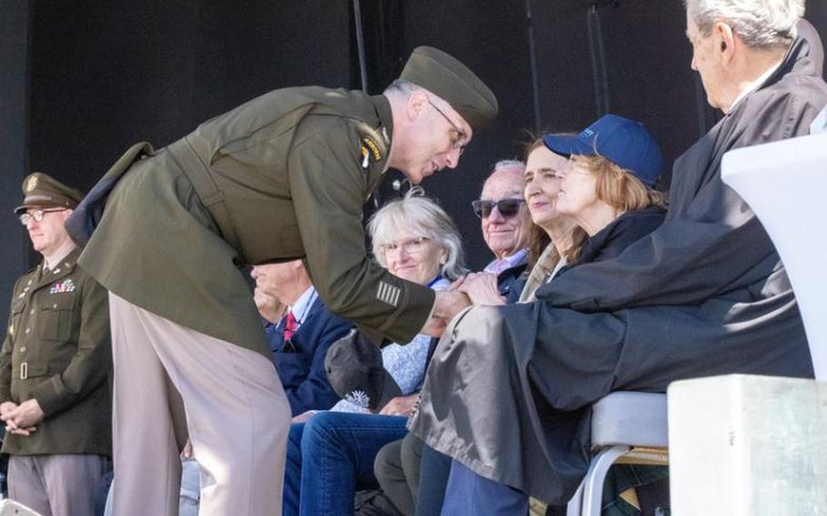 U.S. Army Col. David Mayfield, commander of USAG Wiesbaden, speaks at a remembrance ceremony during the 75th anniversary celebration of the Berlin Airlift at Clay Kaserne, Wiesbaden, Germany, on Saturday. 