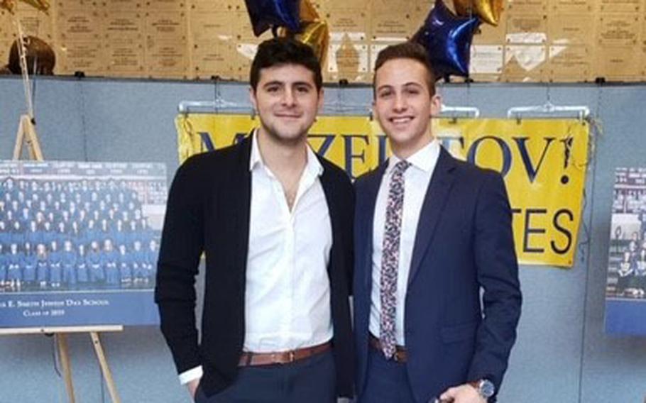 Omer Balva, left, poses with his friend Ethan Missner at Charles E. Smith Jewish Day School in Rockville, Md., where they graduated in 2019. 