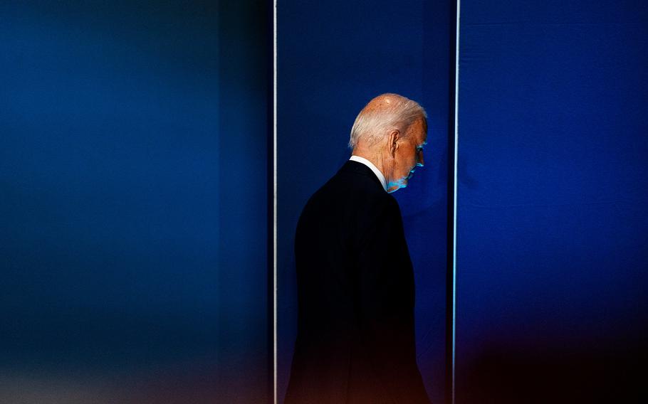 President Biden leaves the stage during NATO’s 75th anniversary summit in Washington on July 11. 