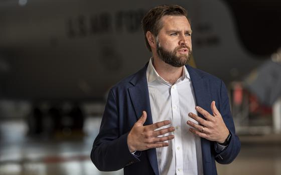 J.D. Vance visits the 121st Air Refueling Wing at Rickenbacker Air National Guard Base in Ohio in May 2023.