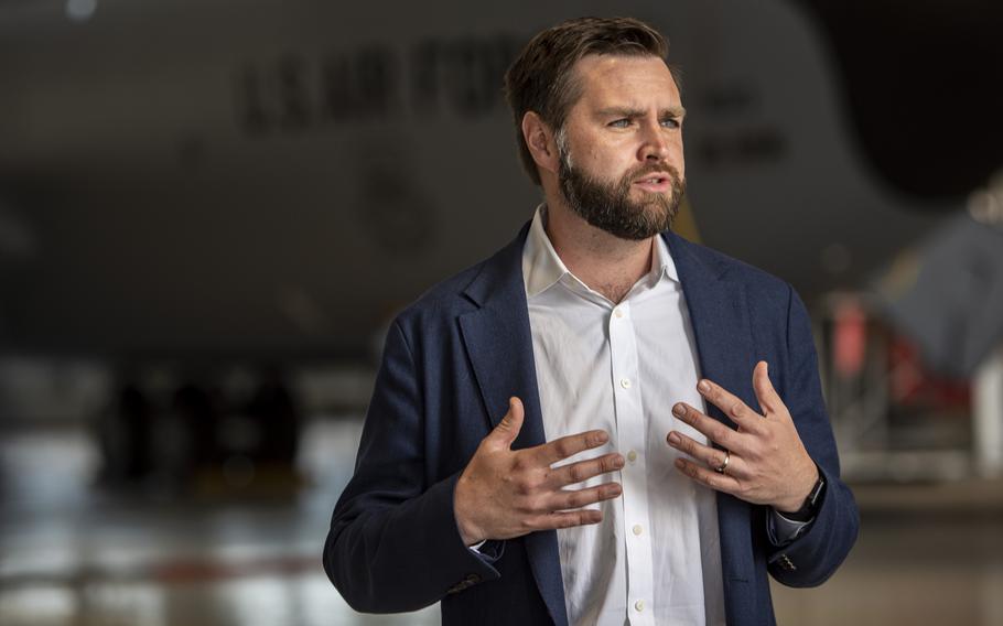 JD Vance visits the 121st Air Refueling Wing at Rickenbacker Air National Guard Base in Ohio in May 2023.