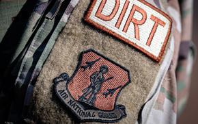 A pavements and construction equipment duty identifier patch is seen on a U.S. airman’s uniform.