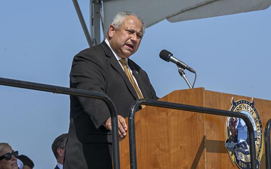 Naval Weapons Station Earle (Sept. 14, 2024) - Secretary of the Navy Carlos Del Toro gives remarks the commissioning ceremony of USS New Jersey (SSN-796), Sept. 14, 2024. USS New Jersey is the third naval vessel named for the state. With updated features that increase its underway time while reducing lifecycle costs, the USS New Jersey is the fifth Block IV Virginia-class submarine and is the first in its class designed and built with modifications for a gender-integrated crew. (U.S. Navy photo by Mass Communication Specialist 3rd Class William Bennett IV)