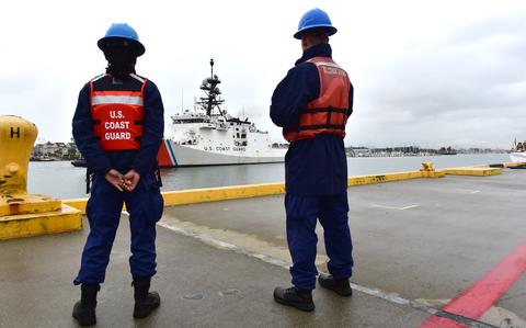 U.S. Coast Guardsmen assist in mooring evolution as the U.S. Coast Guard Cutter Munro (WSML 755) returns home to Alameda, California, Nov. 25, 2024. Munro’s crew deployed for two-months on a counter-drug patrol in international waters off the coasts of Central and South America in the Eastern Pacific Ocean. (U.S. Coast Guard photo by Petty Officer 3rd Class Danish Khan.)