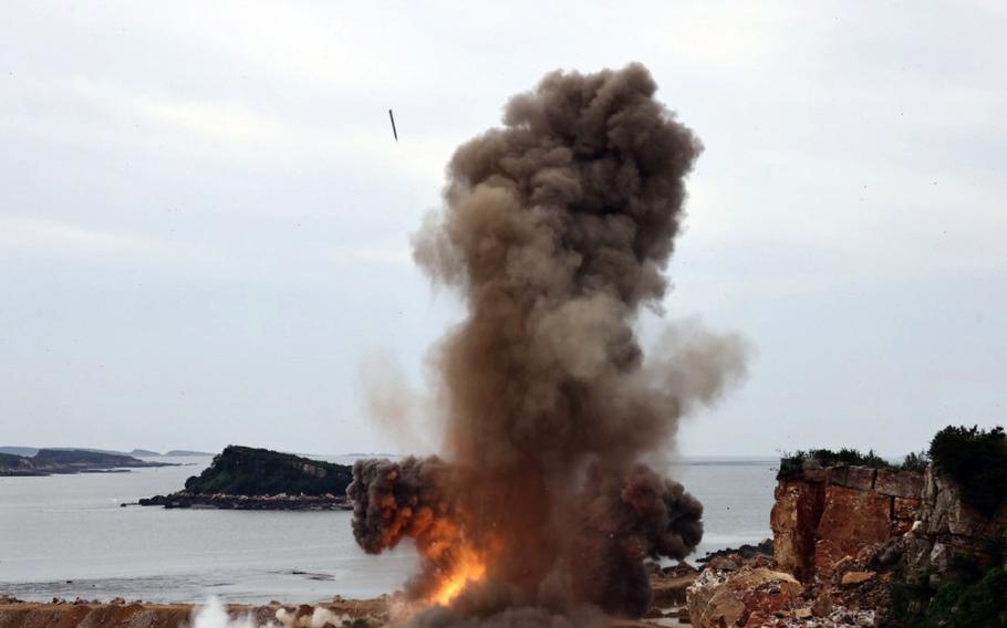 North Korea conducts a weapons test in this image released by the state-run Korean Central News Agency, Wednesday, Aug. 28, 2024. 