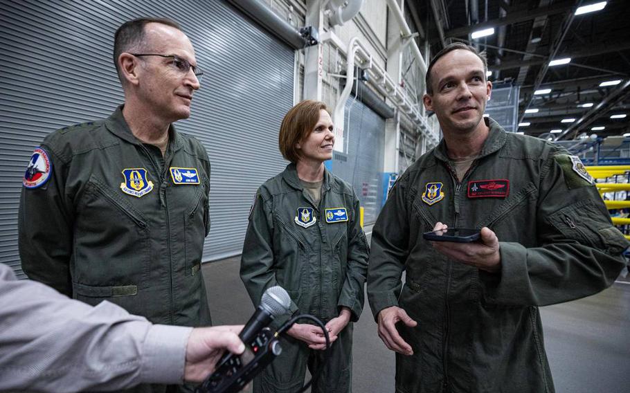 Lt. Gen. John Healy, left, Brig. Gen. Regina Sabric, center, and Col. Benjamin R. Harrison of the Air Force Reserve Command expressed their excitement at the reserve getting its first two F-35s in late 2024.