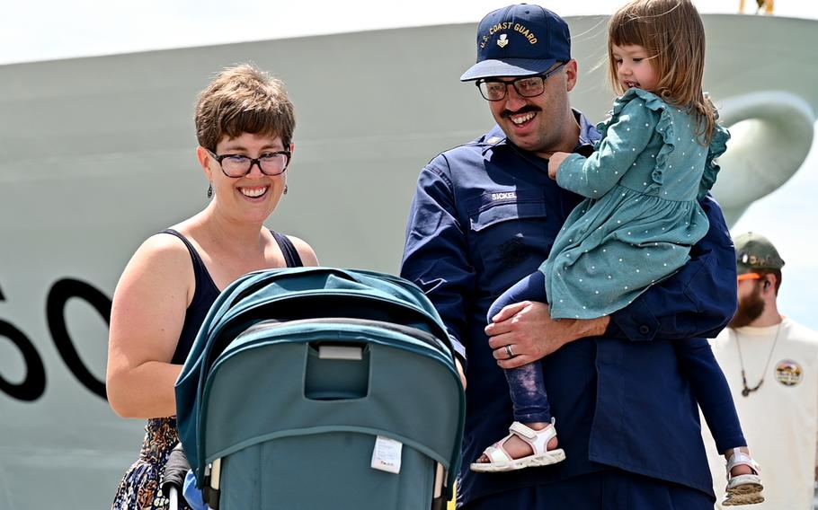 Crew members from the U.S. Coast Guard Cutter Waesche reunite with family and friends after returning to their Base Alameda, Calif., on Sunday, Aug. 11, 2024, following a 120-day Indo-Pacific patrol. 