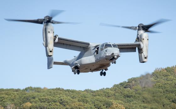 U.S. Marines with Marine Medium Tiltrotor Squadron (VMM) 161 from Marine Corps Air Station Miramar, San Diego, Calif., practice taking off and landing in their V-22 Osprey aircraft at Fort McCoy, WI, Oct. 17, 2024. The Osprey is a multirole combat aircraft that utilizes tiltrotor technology to combine the vertical performance of a helicopter with the speed and range of a fixed-wing aircraft. U.S. Army photo by Kevin W. Clark