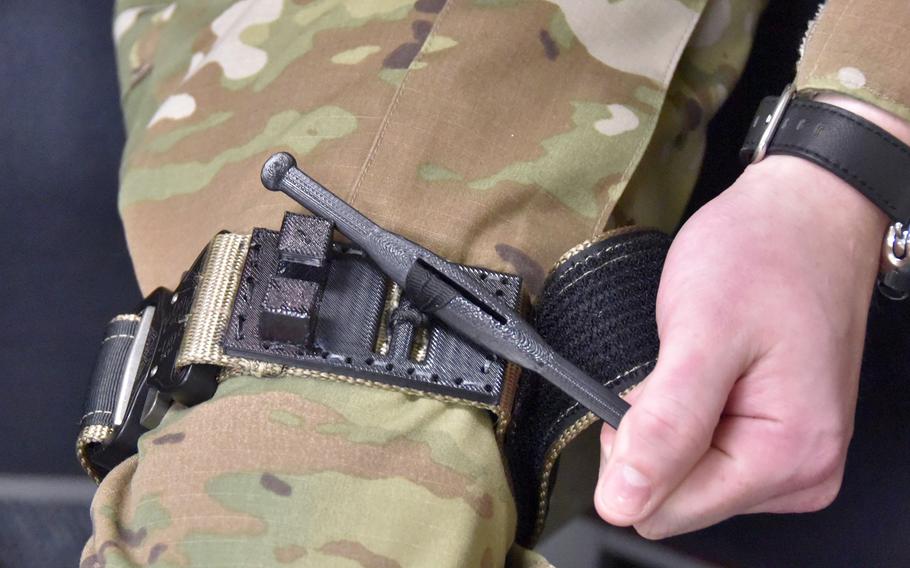 Senior Airman Isaiah Demillo, a country liaison with the 82nd Training Support Squadron, demonstrates how to use the Demillo rigger’s tourniquet belt, on June 6, 2024, at Sheppard Air Force Base, Texas.